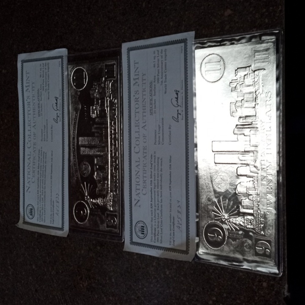 Silverleaf $20 bills point 999% silver leaf from 911 with certificates